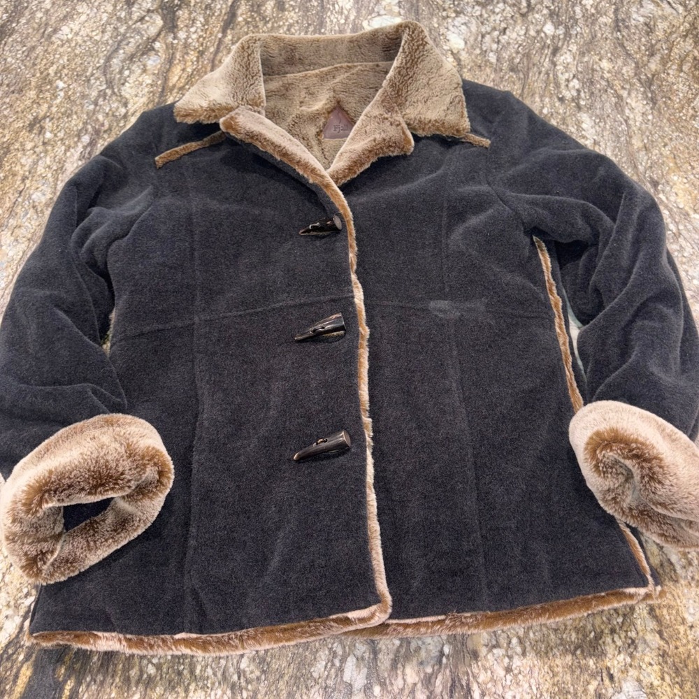Vintage Toggle Coat Penny Lane Grey Faux Fur Trim Wool Blend Fjall - Picture 11 of 13